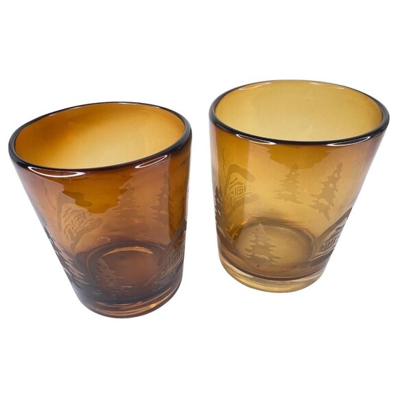 Homestudio Woodland Tumblers 4.25” Amber Etched Cabin Thick Glass Set of 2 - Picture 11 of 12